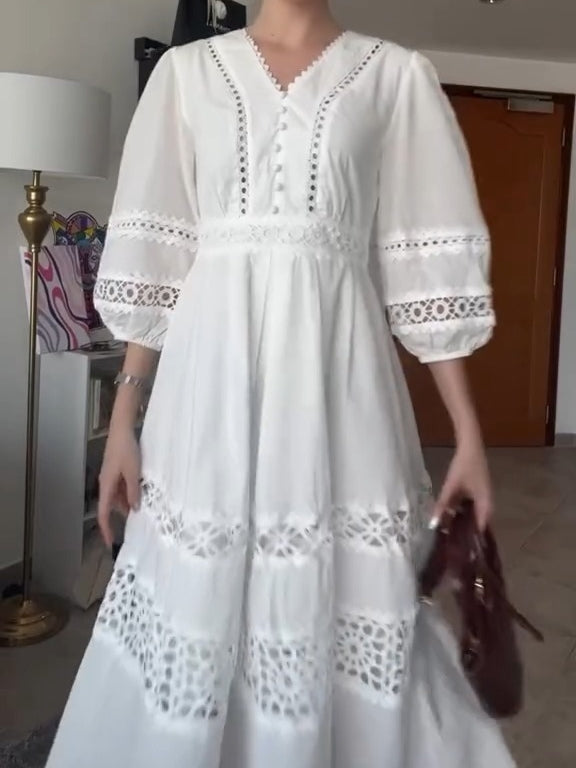 Cutwork Crochet Puff Sleeve Midi Dress