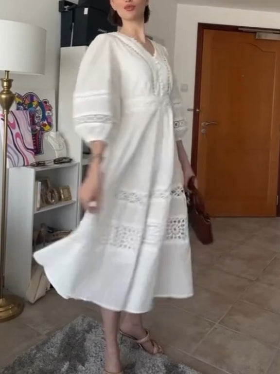 Cutwork Crochet Puff Sleeve Midi Dress