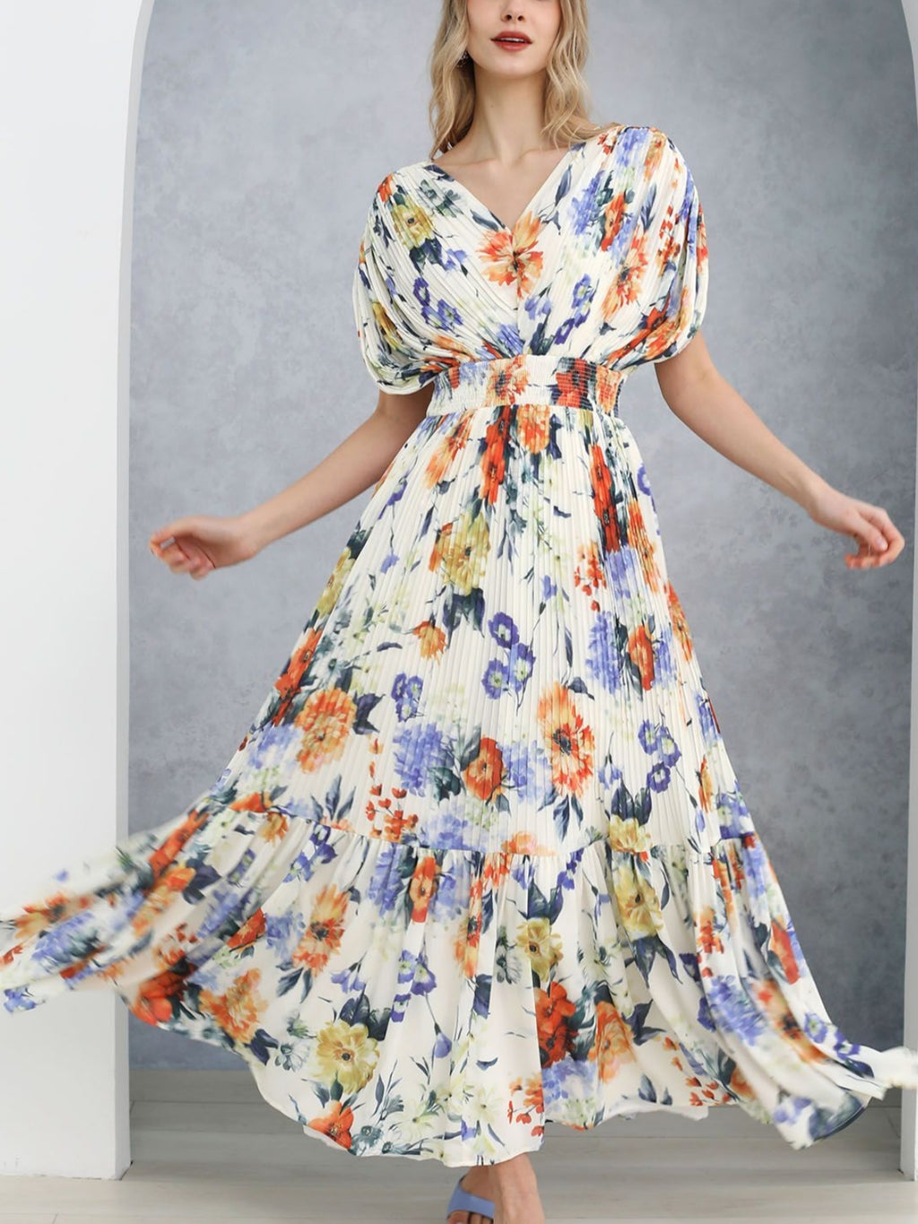 Vernal Blossom Pleated Maxi Dress