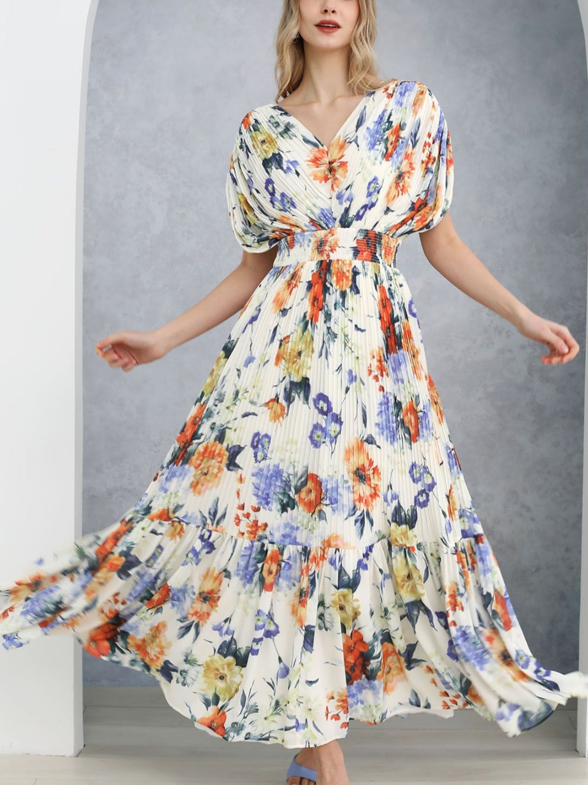 Vernal Blossom Pleated Maxi Dress