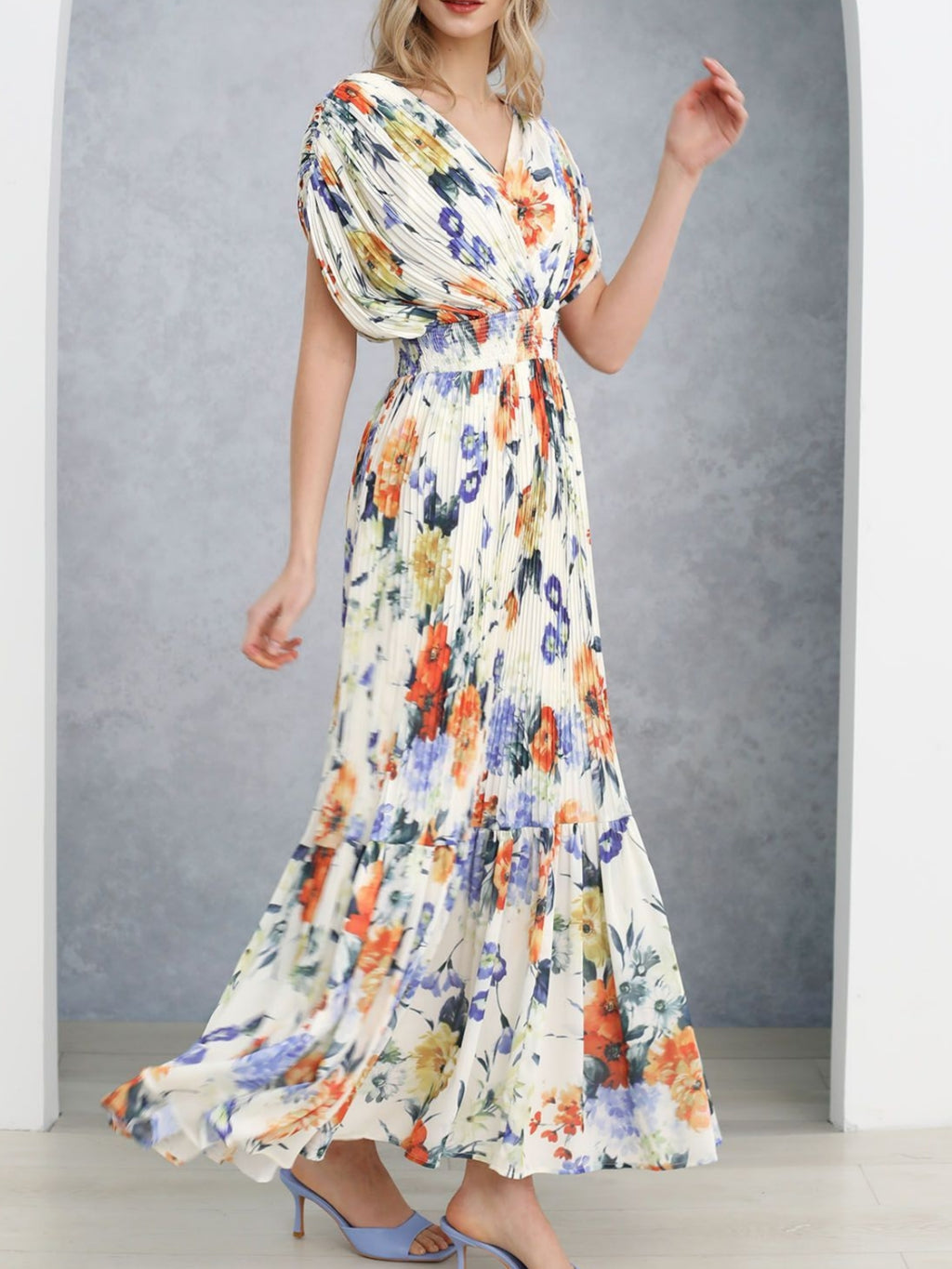 Vernal Blossom Pleated Maxi Dress