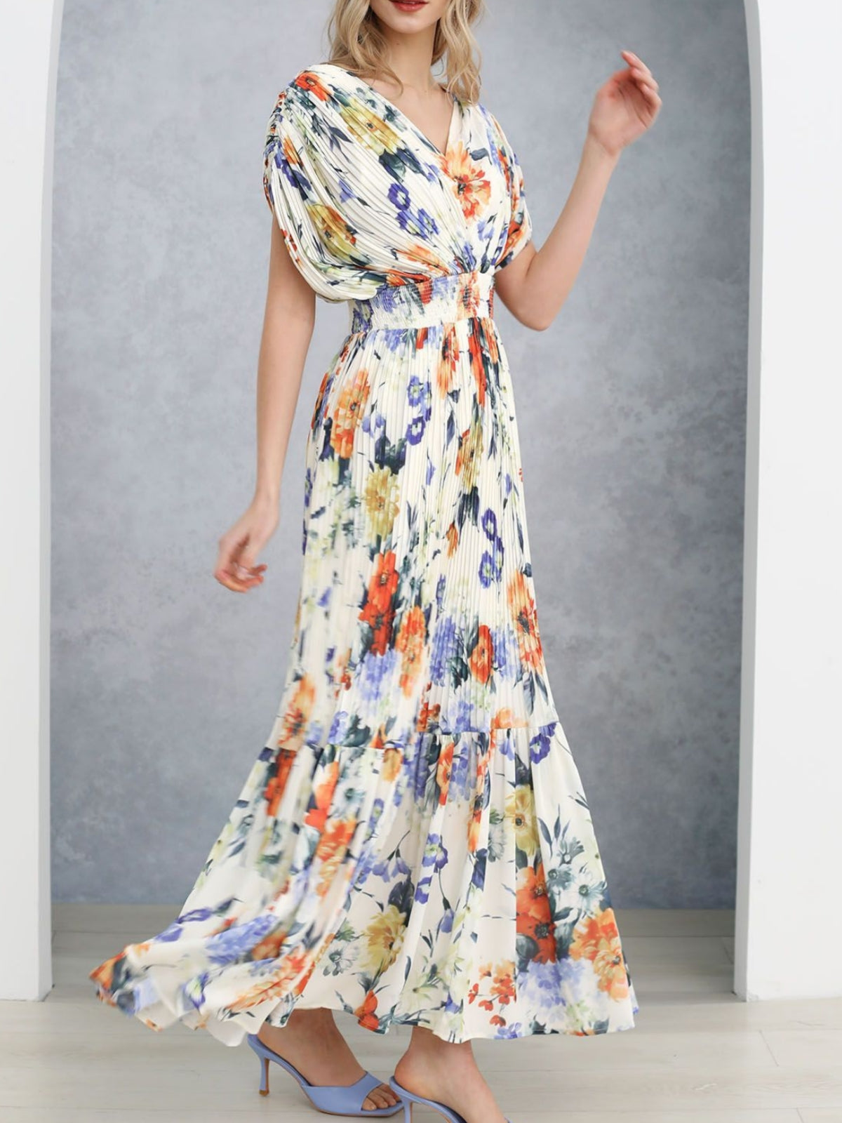 Vernal Blossom Pleated Maxi Dress