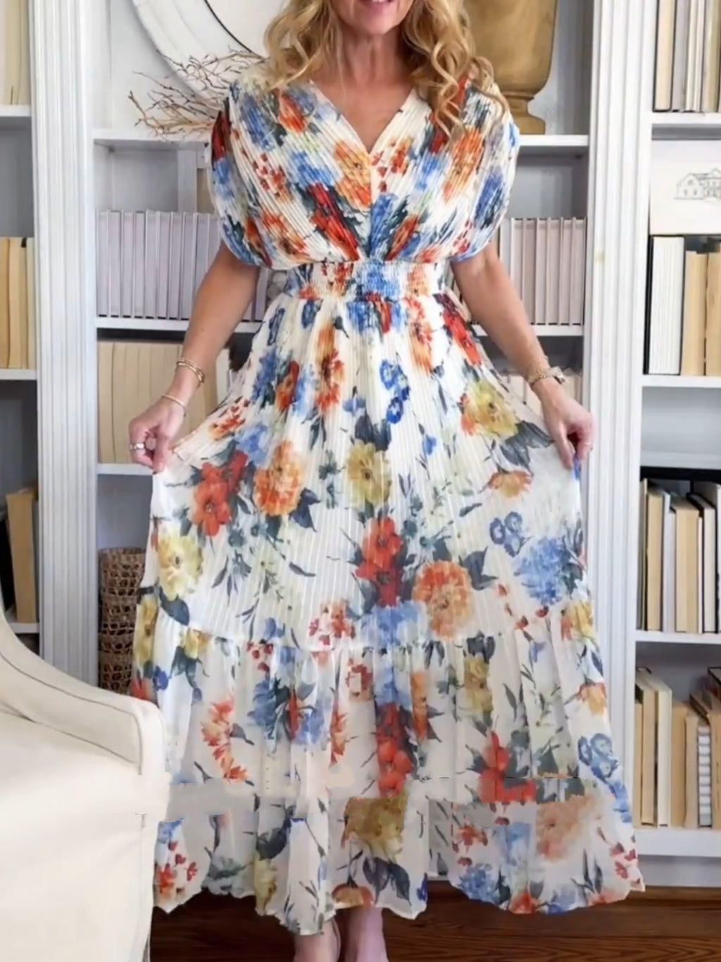 Vernal Blossom Pleated Maxi Dress