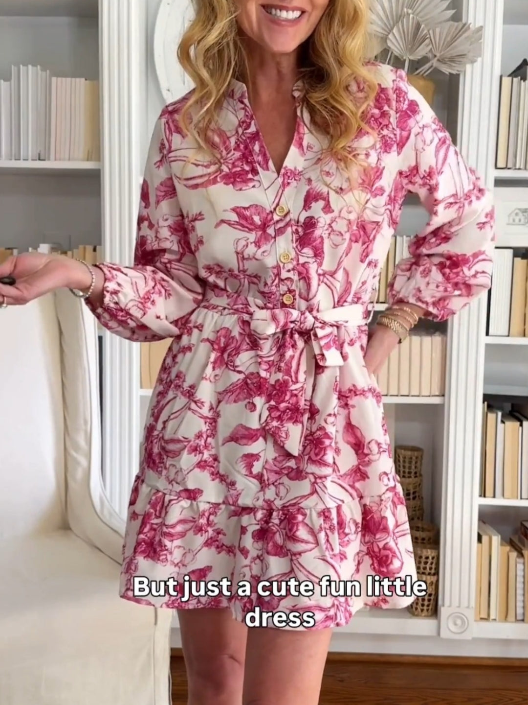 V Neck Button Floral Print Long Lantern Sleeves Dress With Belt