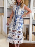 Women's Sleeveless Hollow Out Lace Midi Dress With Belt