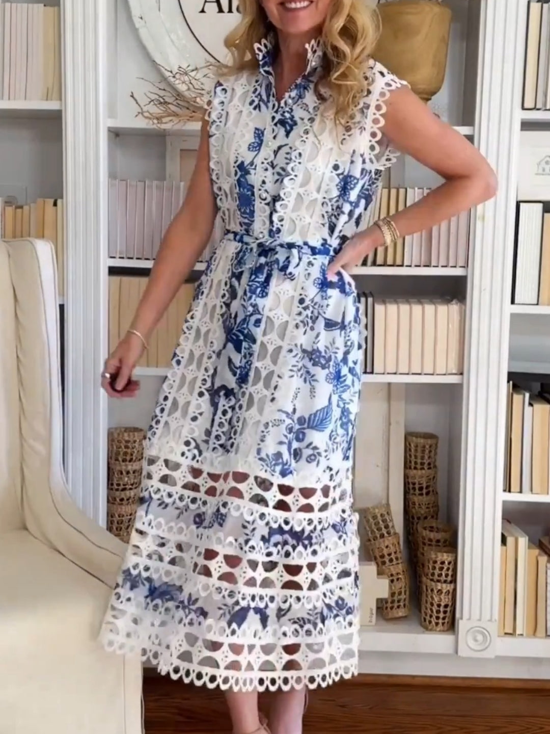 Women's Sleeveless Hollow Out Lace Midi Dress With Belt