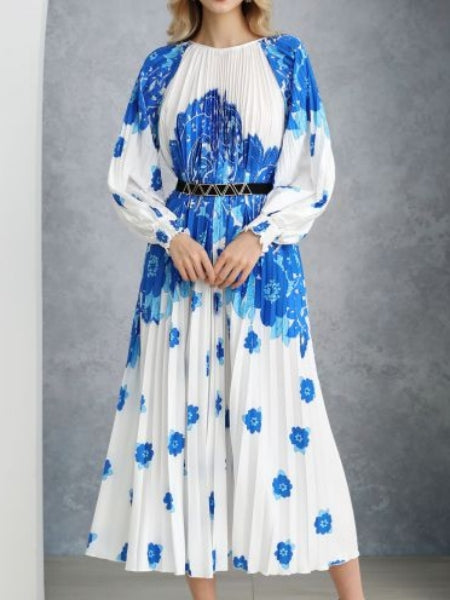 Blossoming Day Watercolor Pleated Maxi Dress