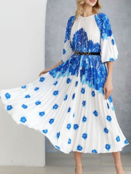 Blossoming Day Watercolor Pleated Maxi Dress