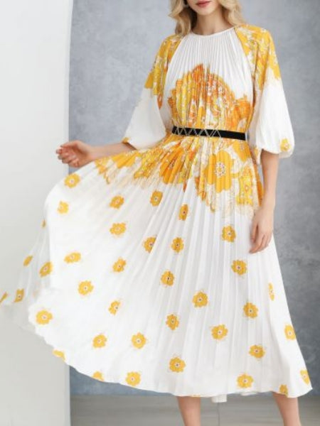 Blossoming Day Watercolor Pleated Maxi Dress