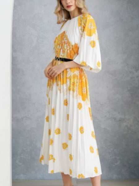 Blossoming Day Watercolor Pleated Maxi Dress