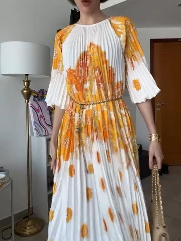 Blossoming Day Watercolor Pleated Maxi Dress