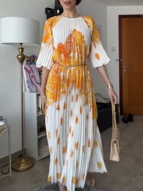 Blossoming Day Watercolor Pleated Maxi Dress