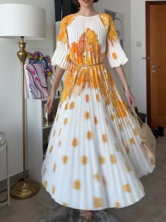 Blossoming Day Watercolor Pleated Maxi Dress