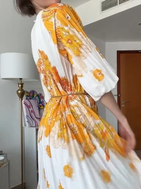 Blossoming Day Watercolor Pleated Maxi Dress