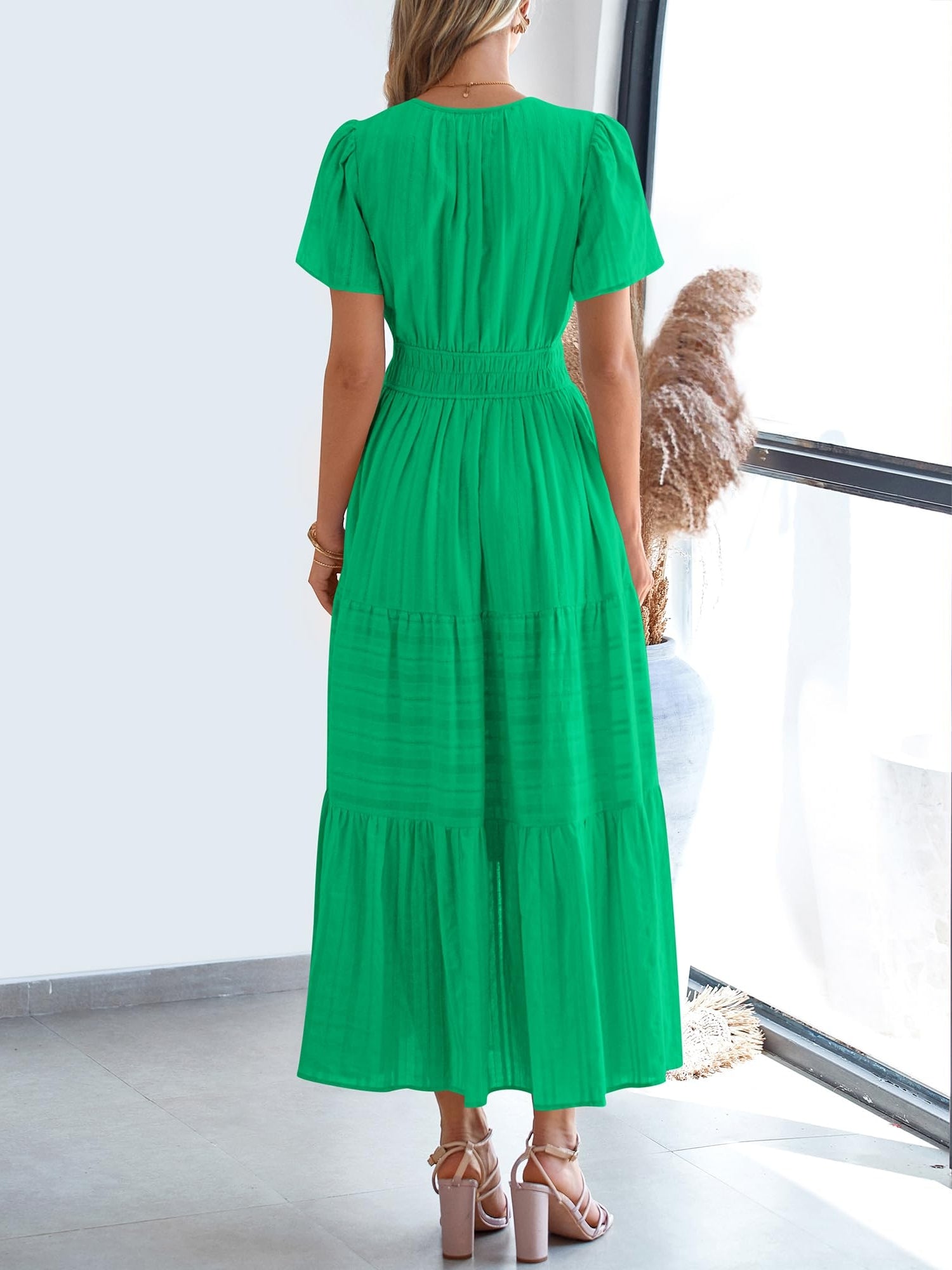Casual Lightweight V Neck Elastic Waist Boho Maxi Dresses