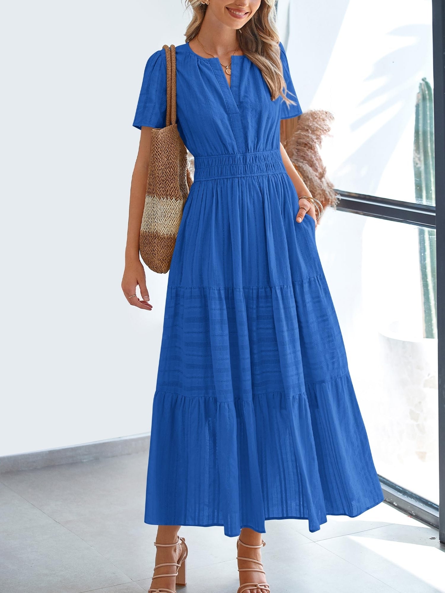 Casual Lightweight V Neck Elastic Waist Boho Maxi Dresses