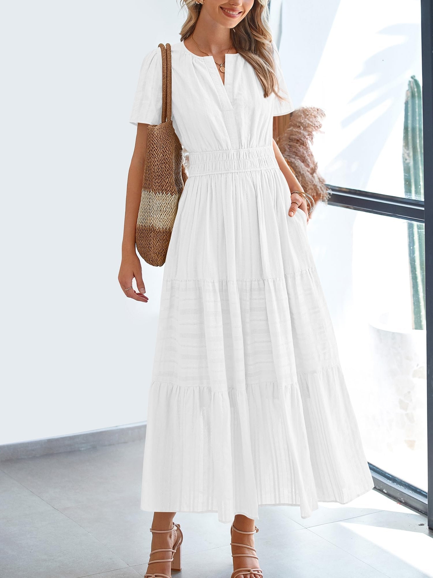 Casual Lightweight V Neck Elastic Waist Boho Maxi Dresses