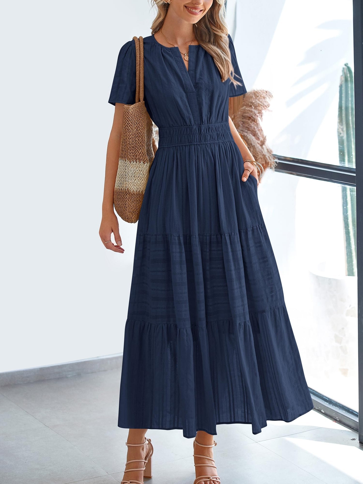 Casual Lightweight V Neck Elastic Waist Boho Maxi Dresses