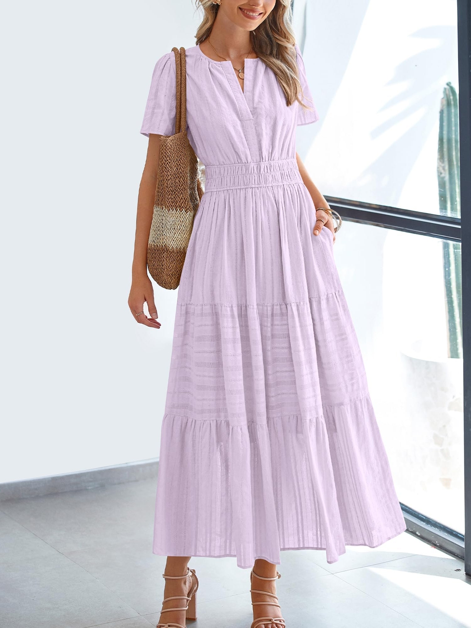 Casual Lightweight V Neck Elastic Waist Boho Maxi Dresses