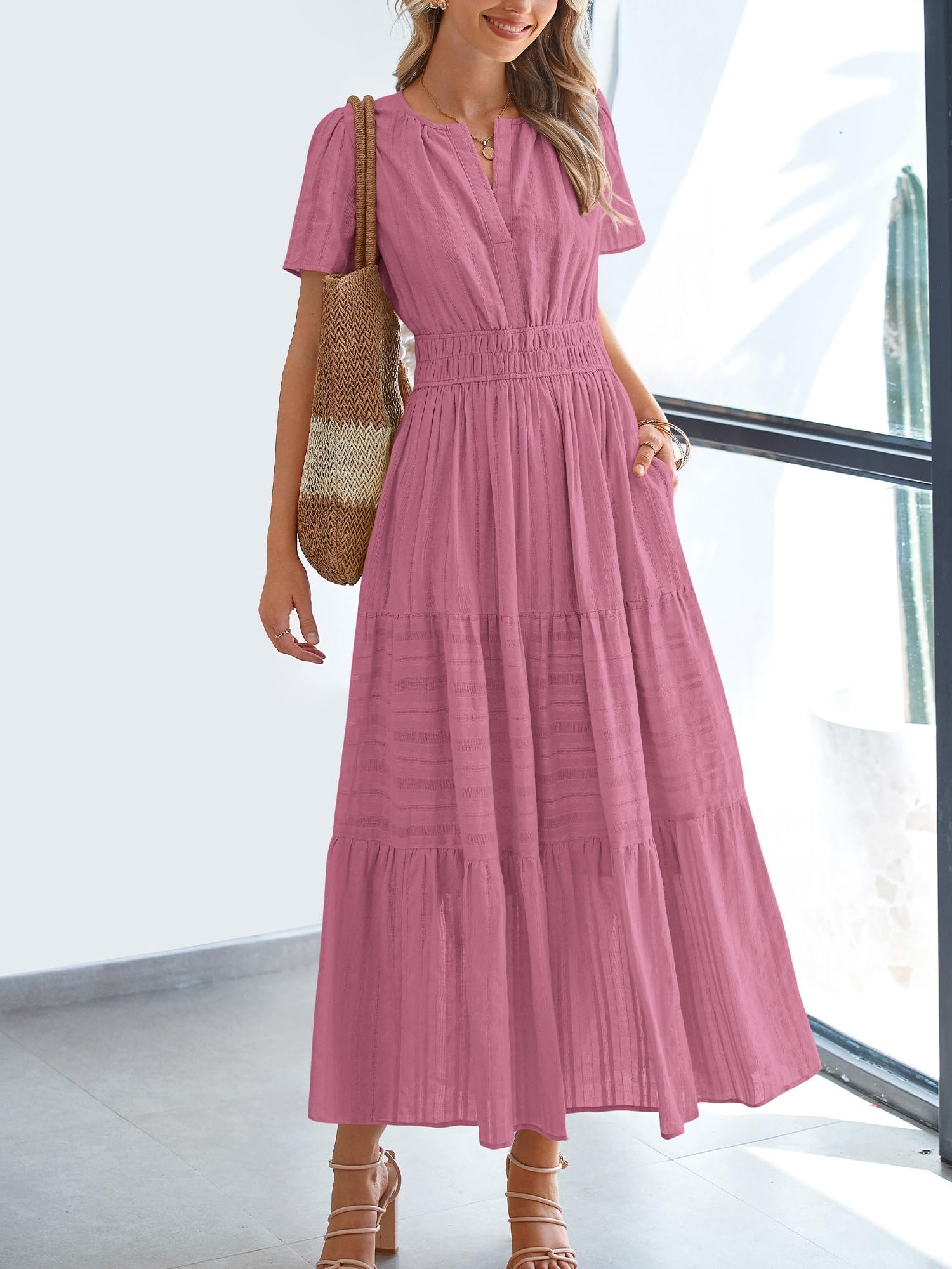 Casual Lightweight V Neck Elastic Waist Boho Maxi Dresses