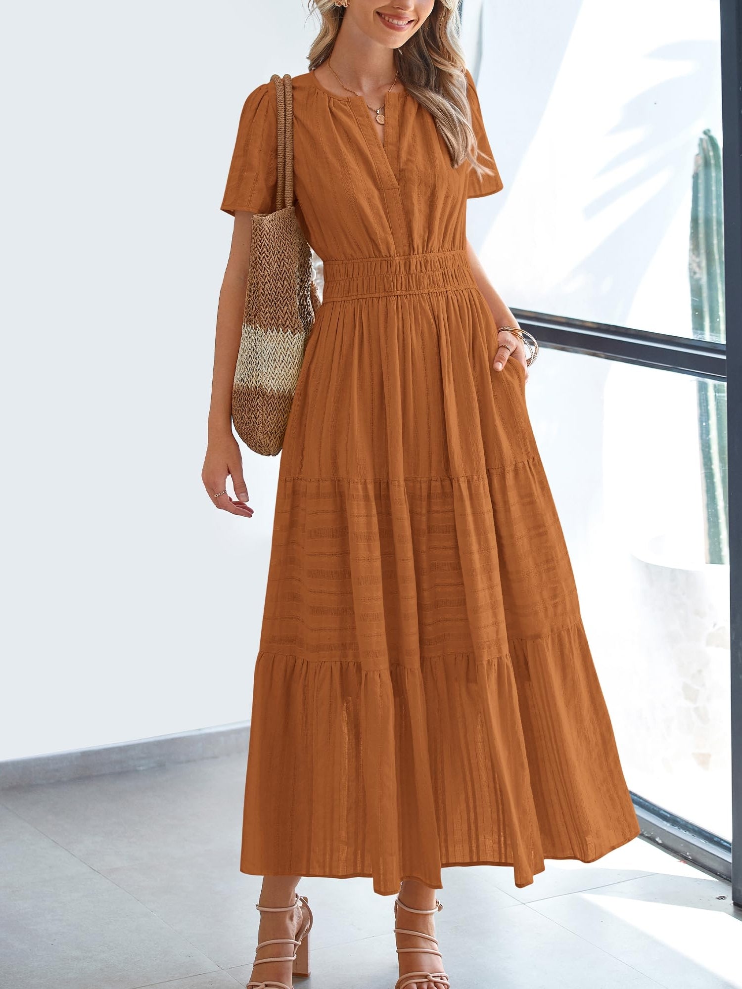 Casual Lightweight V Neck Elastic Waist Boho Maxi Dresses