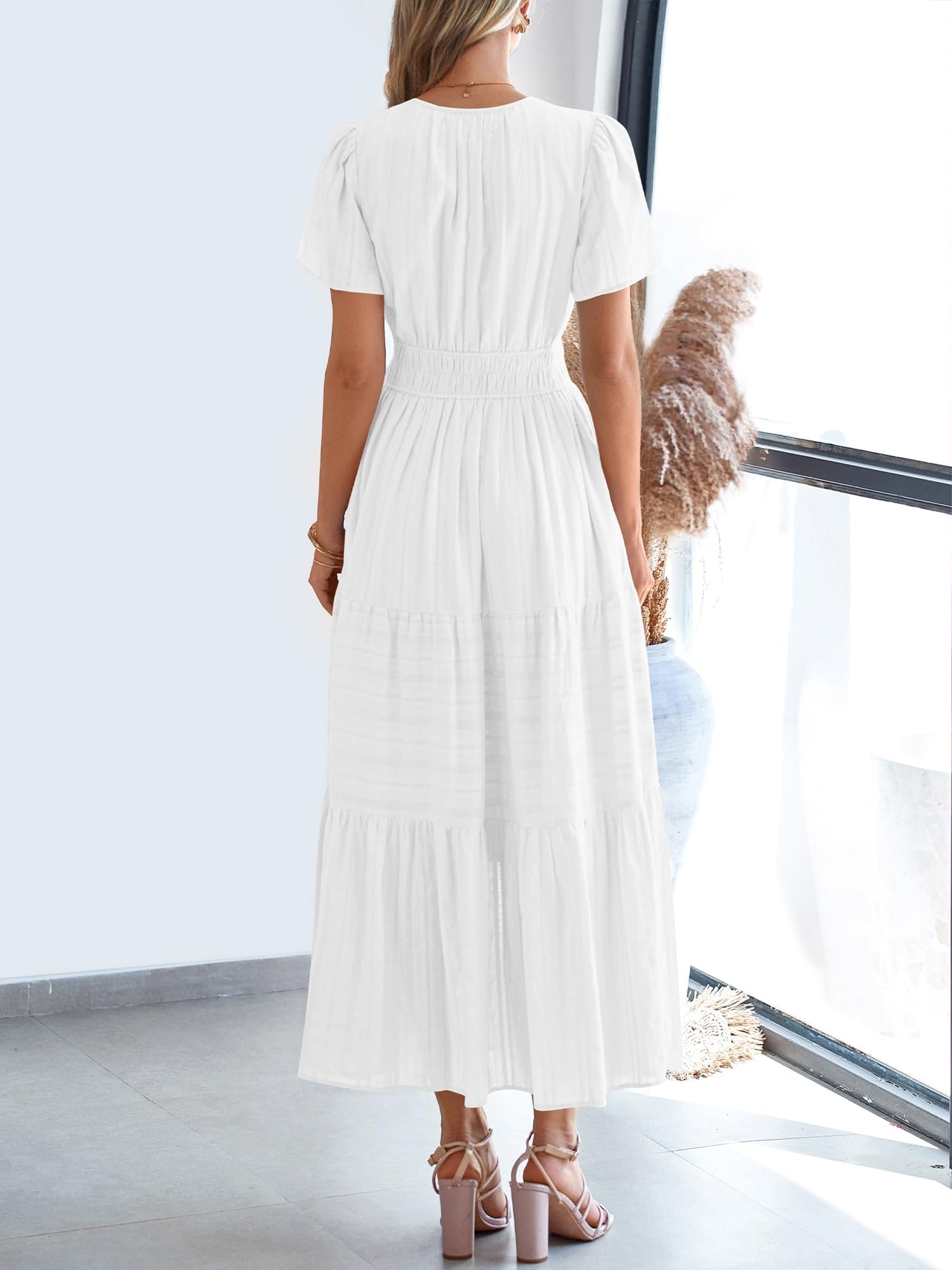 Casual Lightweight V Neck Elastic Waist Boho Maxi Dresses