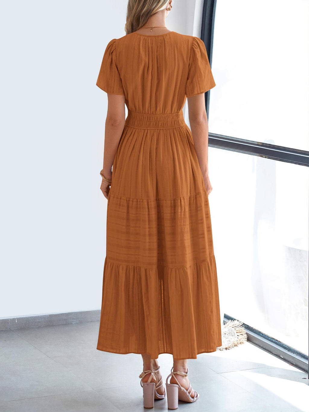 Casual Lightweight V Neck Elastic Waist Boho Maxi Dresses