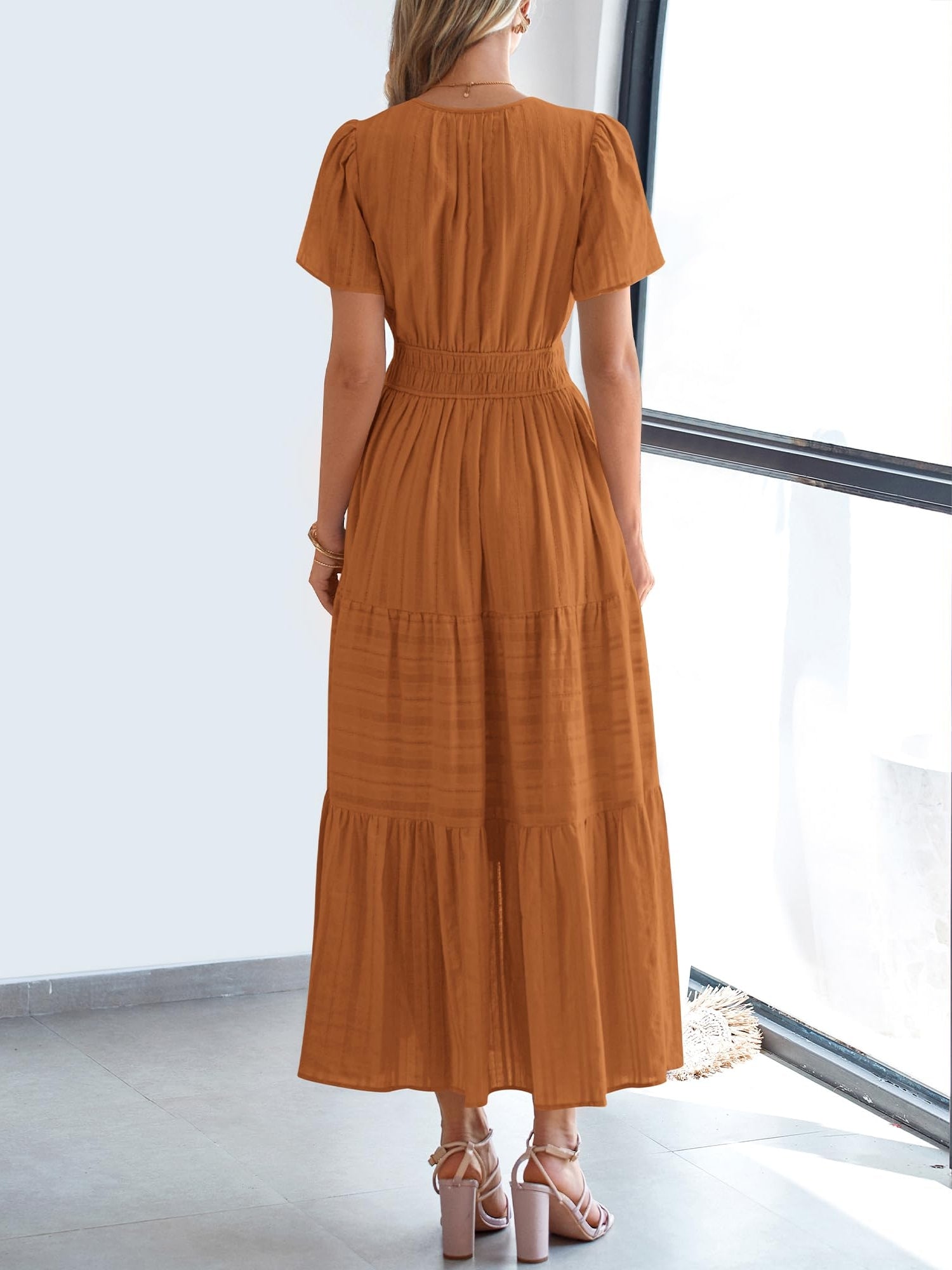 Casual Lightweight V Neck Elastic Waist Boho Maxi Dresses