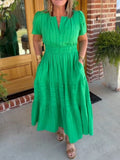 Casual Lightweight V Neck Elastic Waist Boho Maxi Dresses