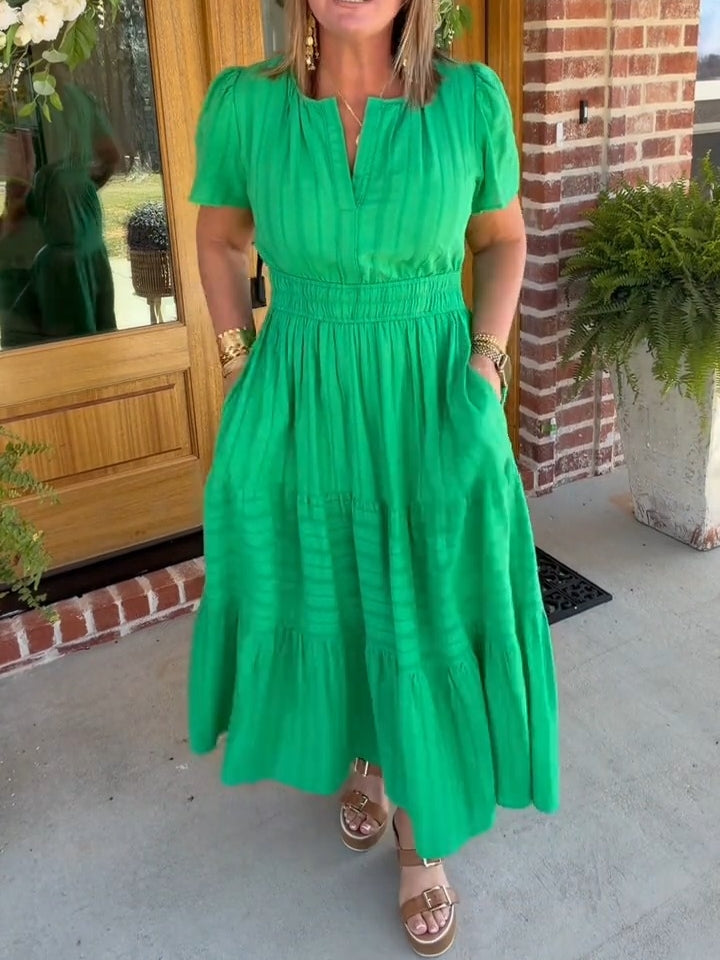 Casual Lightweight V Neck Elastic Waist Boho Maxi Dresses