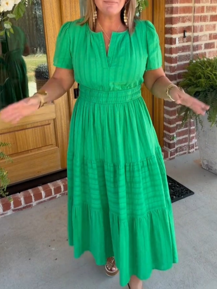 Casual Lightweight V Neck Elastic Waist Boho Maxi Dresses