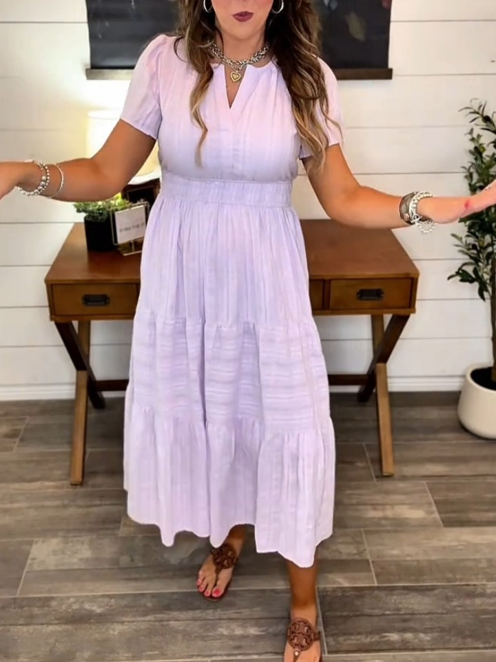 Casual Lightweight V Neck Elastic Waist Boho Maxi Dresses