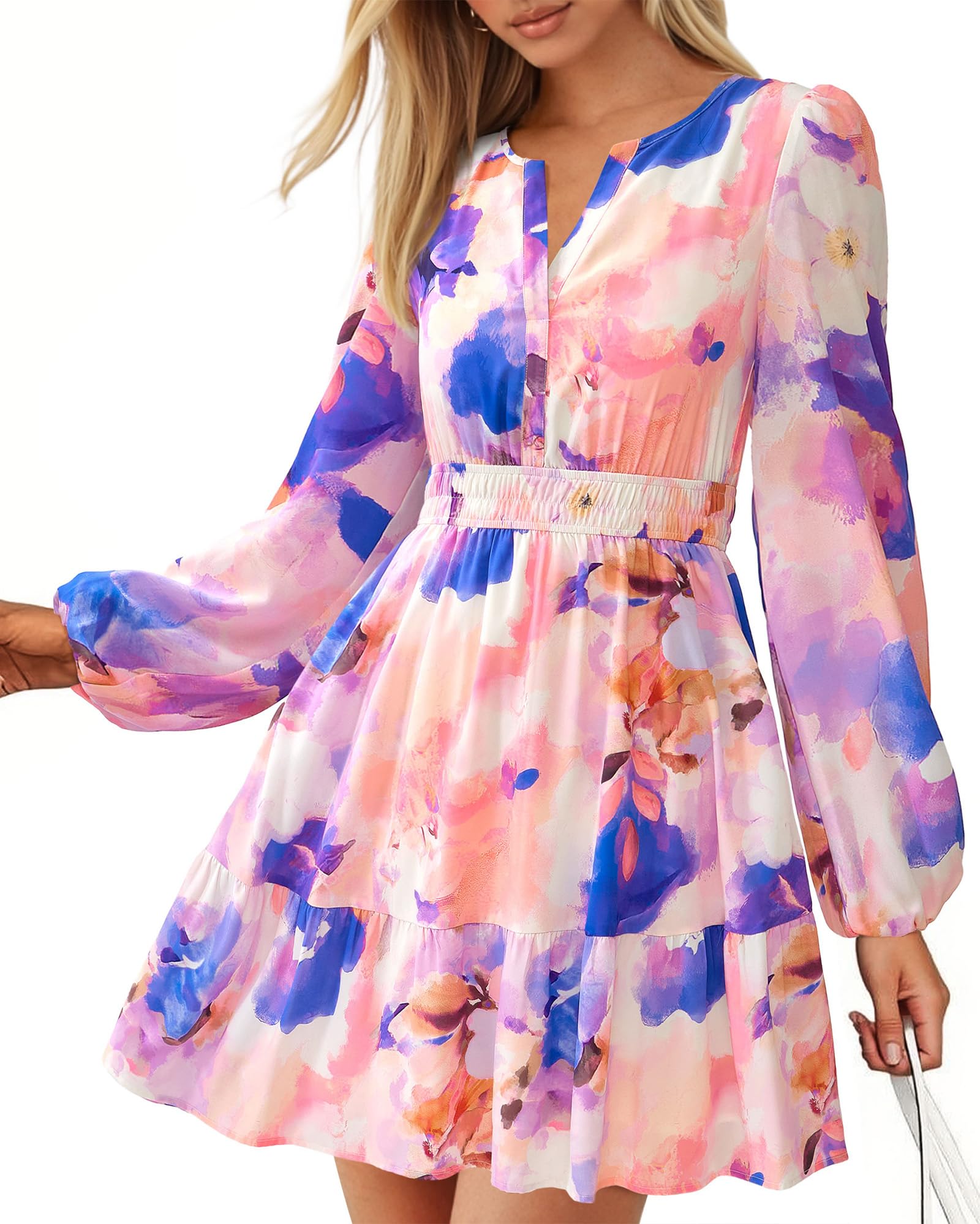 V Neck Long Sleeve Elastic Waist Boho Floral Mini Dress