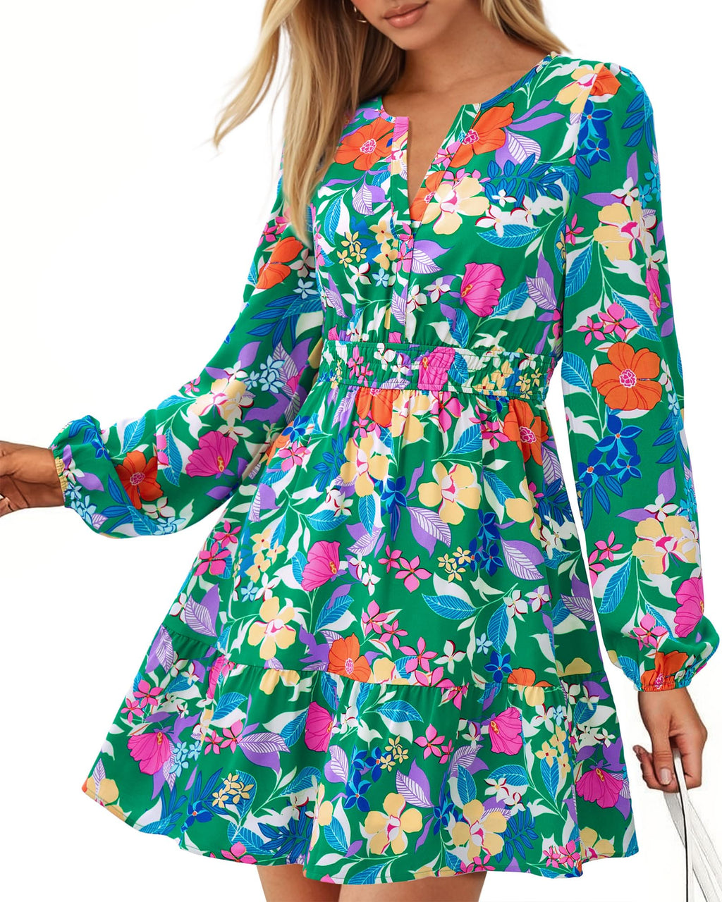 V Neck Long Sleeve Elastic Waist Boho Floral Mini Dress