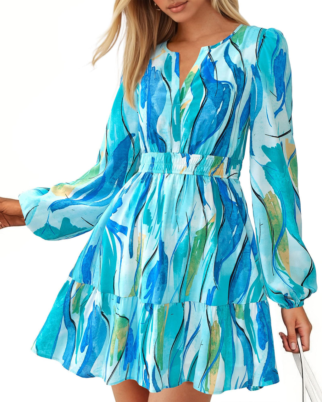 V Neck Long Sleeve Elastic Waist Boho Floral Mini Dress