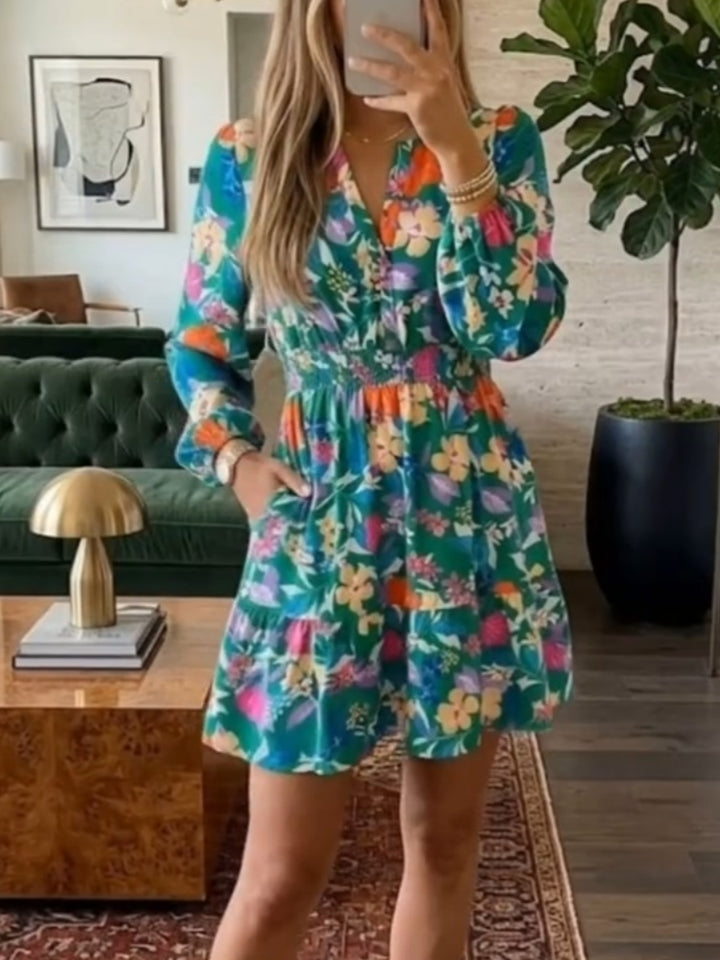 V Neck Long Sleeve Elastic Waist Boho Floral Mini Dress