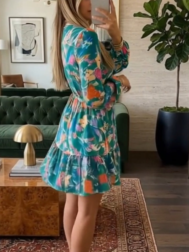 V Neck Long Sleeve Elastic Waist Boho Floral Mini Dress