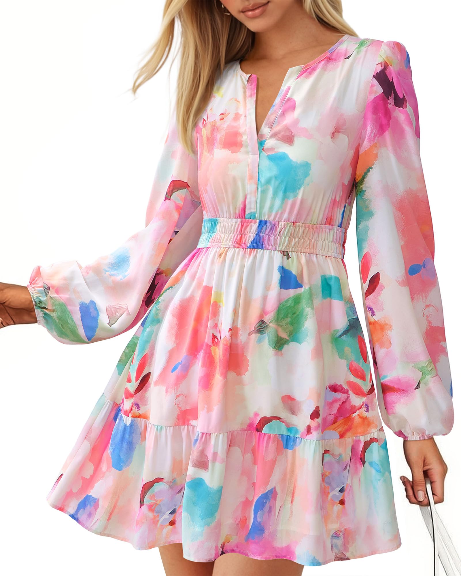 V Neck Long Sleeve Elastic Waist Boho Floral Mini Dress