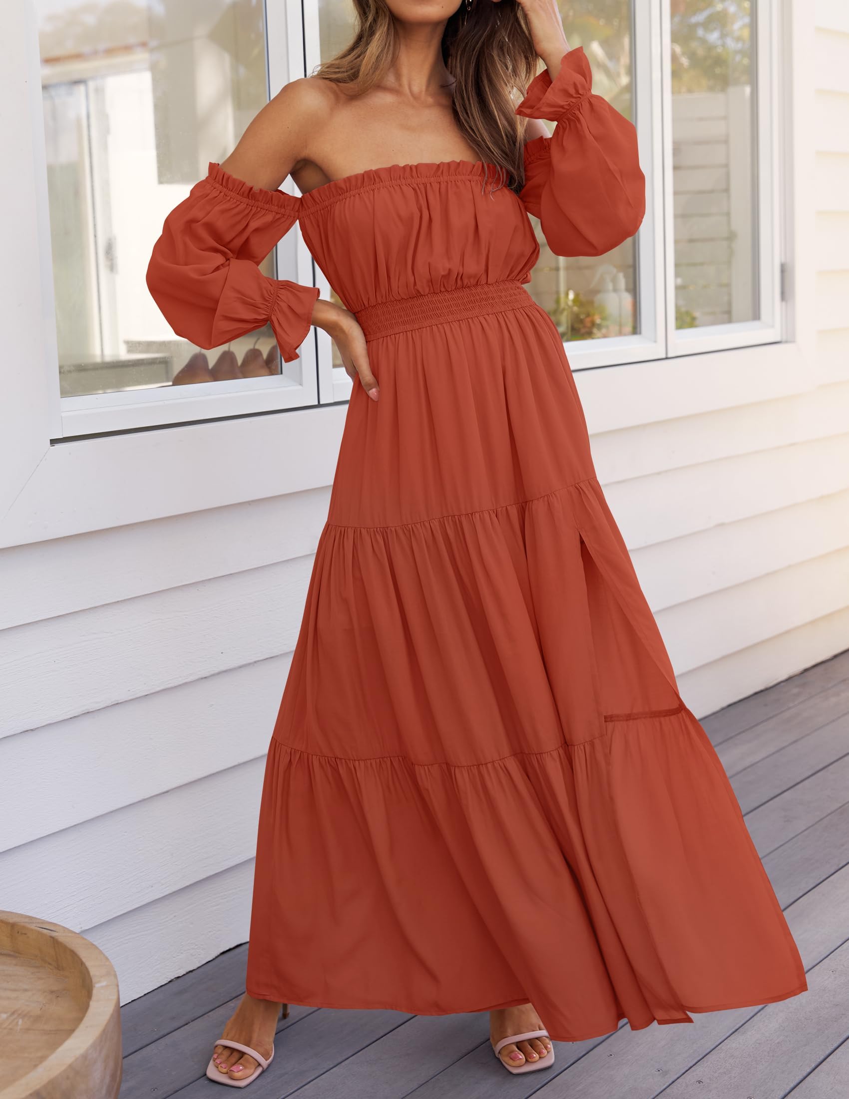 Boho Off-Shoulder Spring/Summer Side-Slit Flowy Maxi Dress