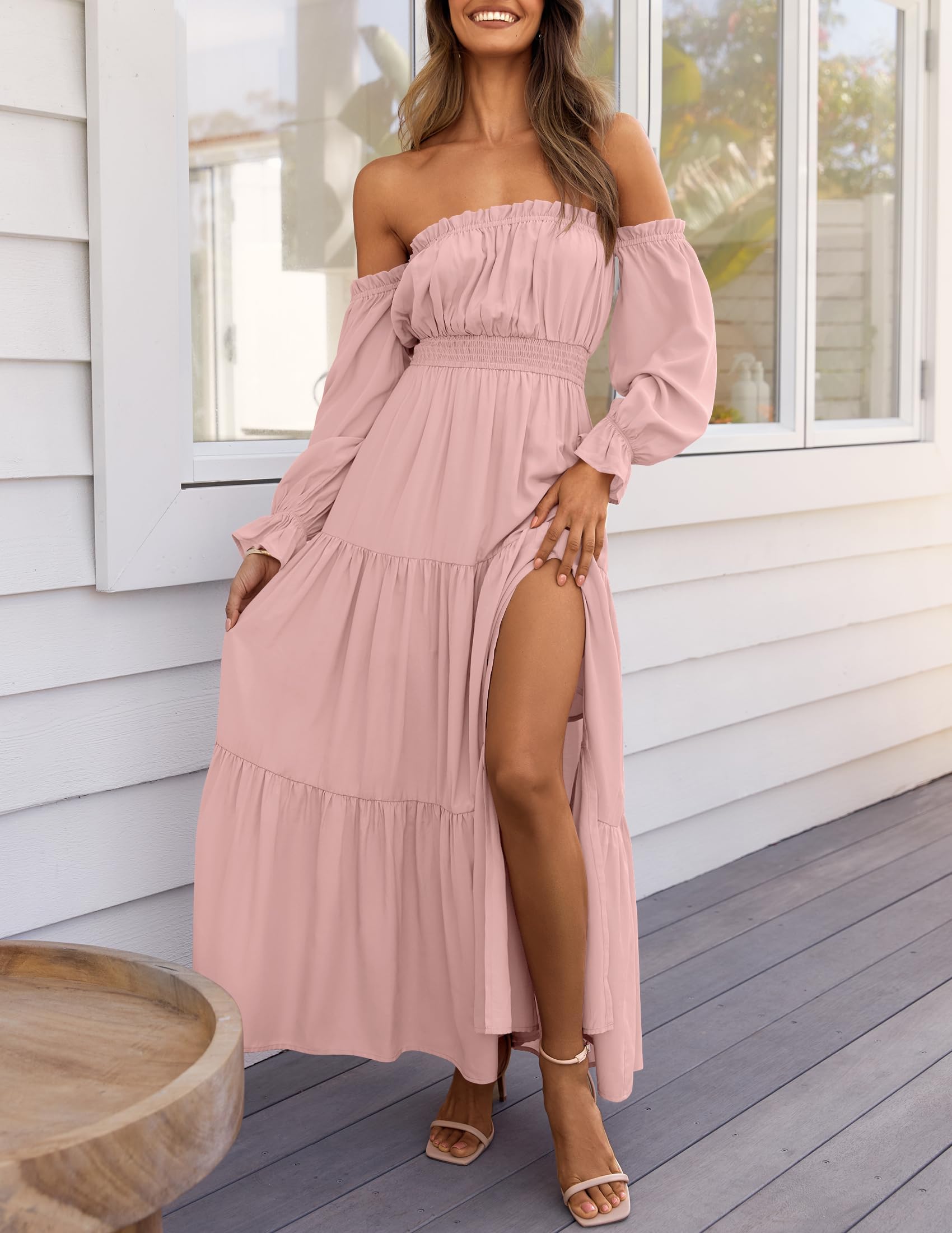 Boho Off-Shoulder Spring/Summer Side-Slit Flowy Maxi Dress