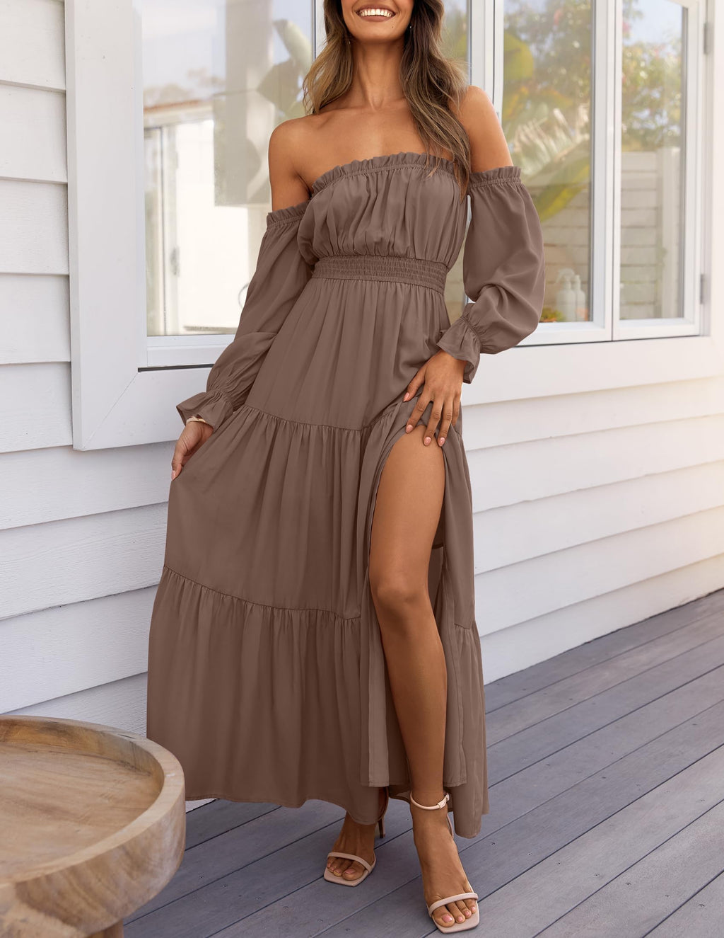 Boho Off-Shoulder Spring/Summer Side-Slit Flowy Maxi Dress