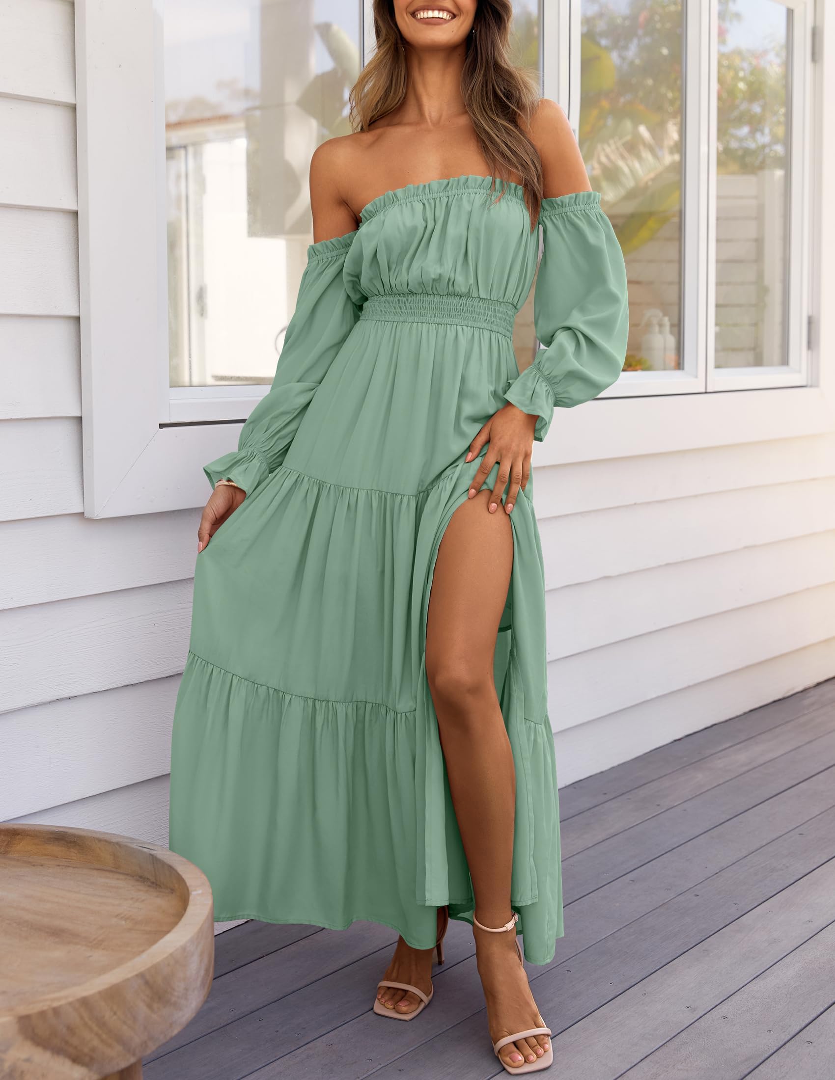 Boho Off-Shoulder Spring/Summer Side-Slit Flowy Maxi Dress