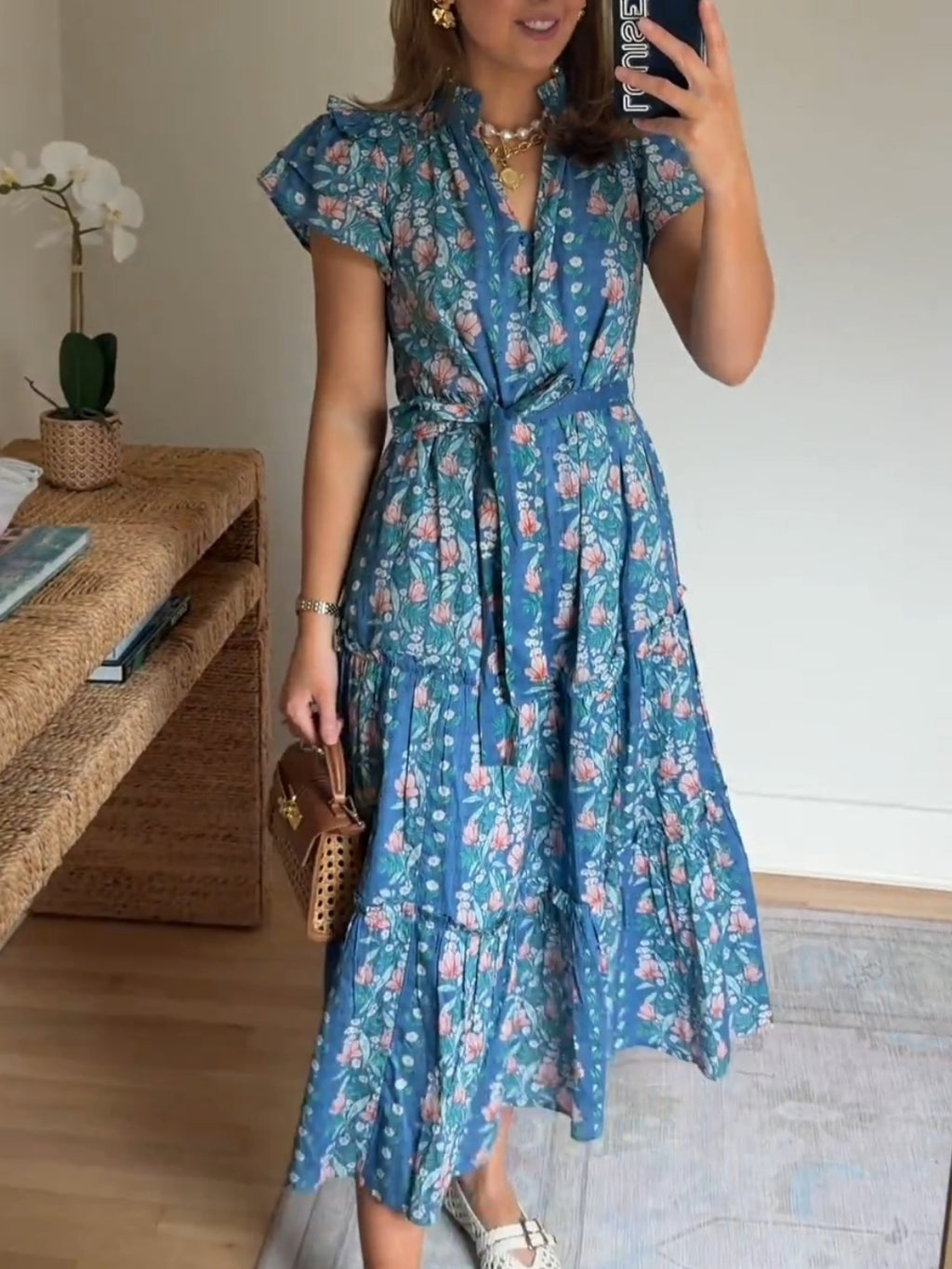 Women's Floral Belted Midi Dress