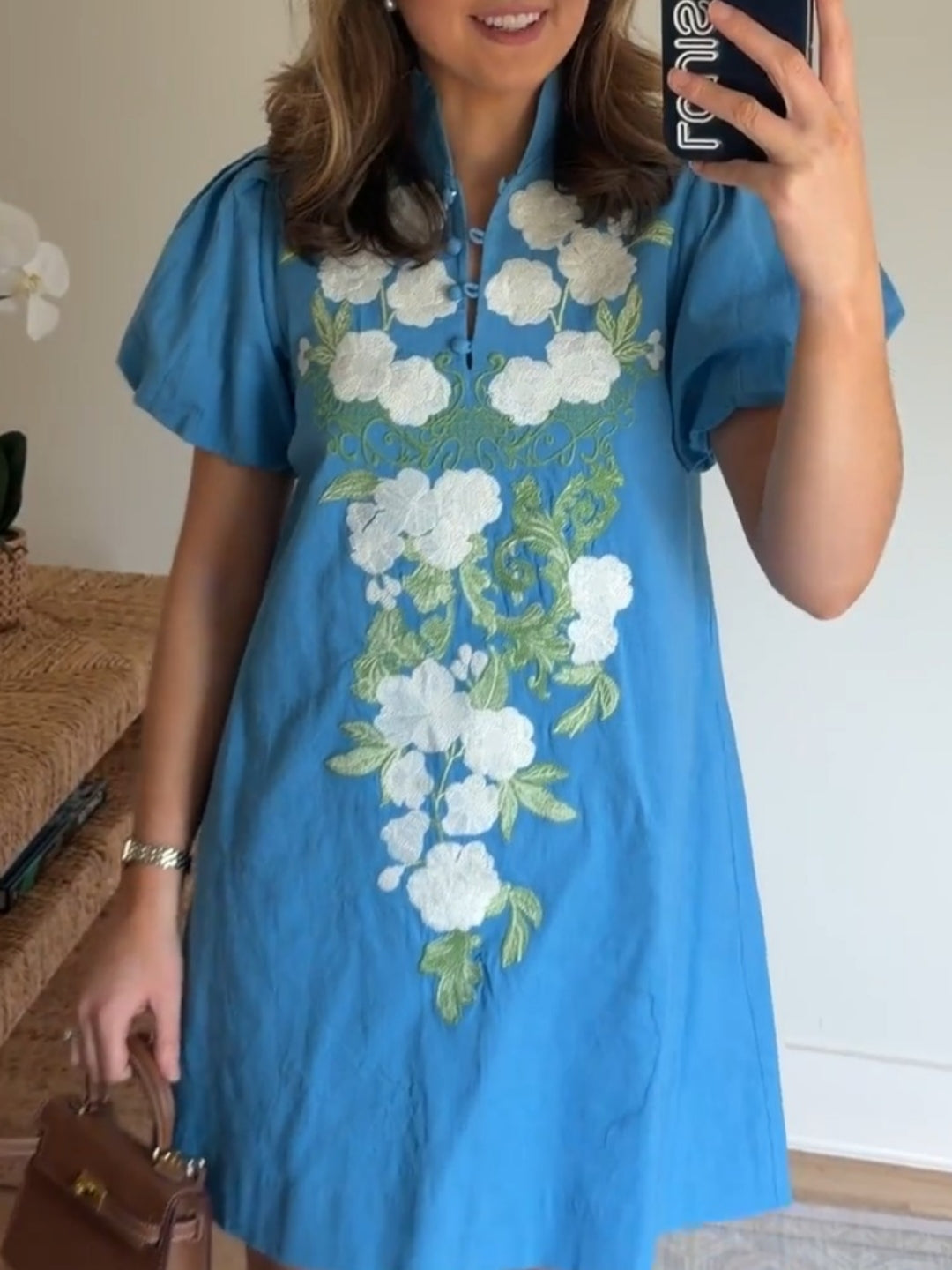 Pleated Puff Sleeve Embroidered Mini Dress