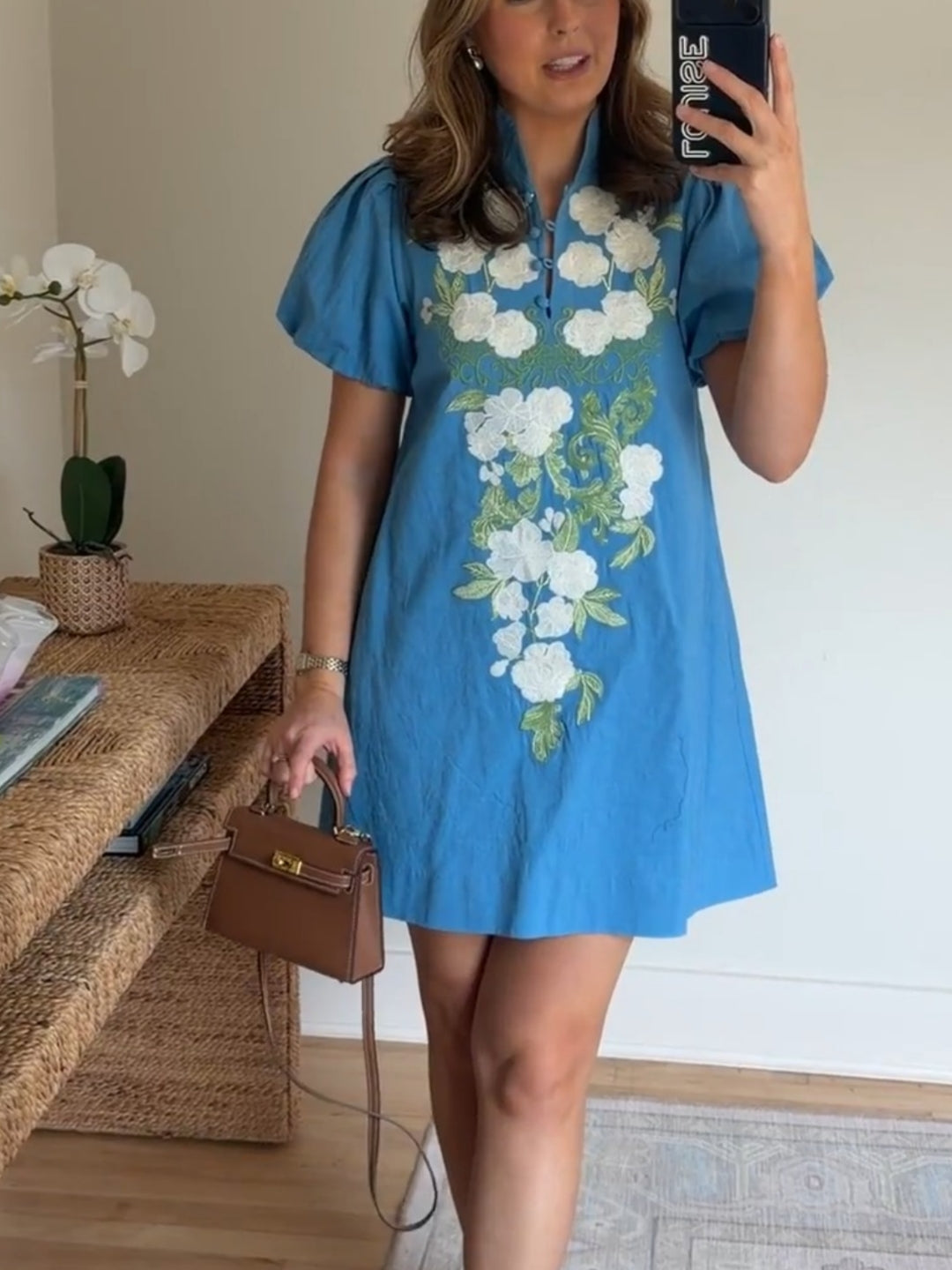 Pleated Puff Sleeve Embroidered Mini Dress