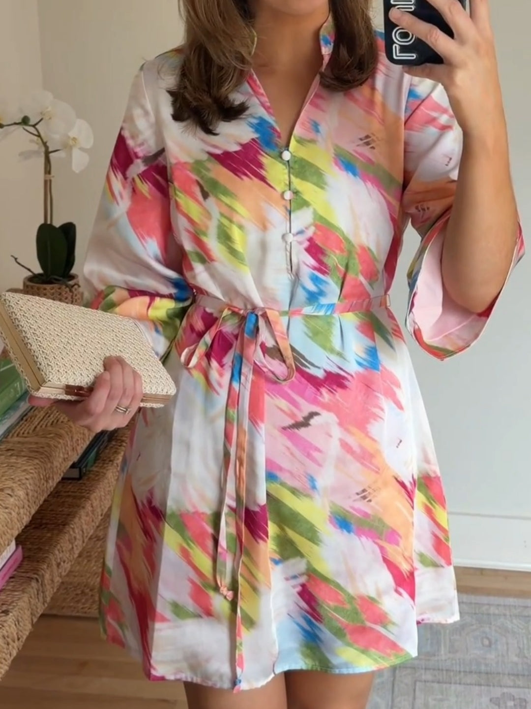Watercolor Graffiti Belt Satin Mini Dress