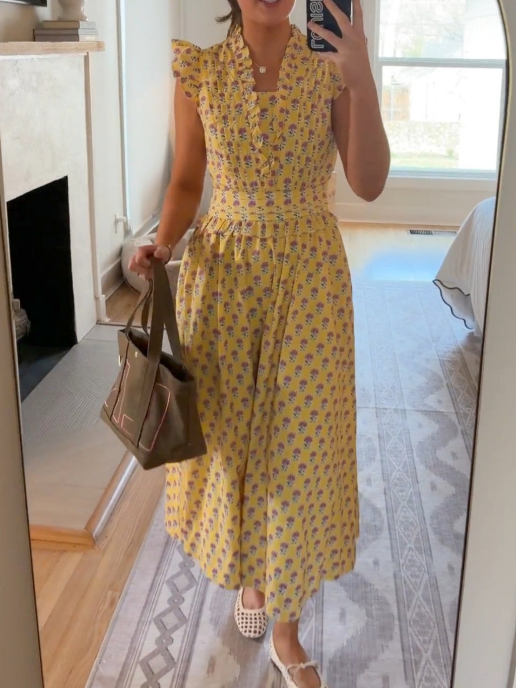 Ruffle Trim Yellow Floral Maxi Dress