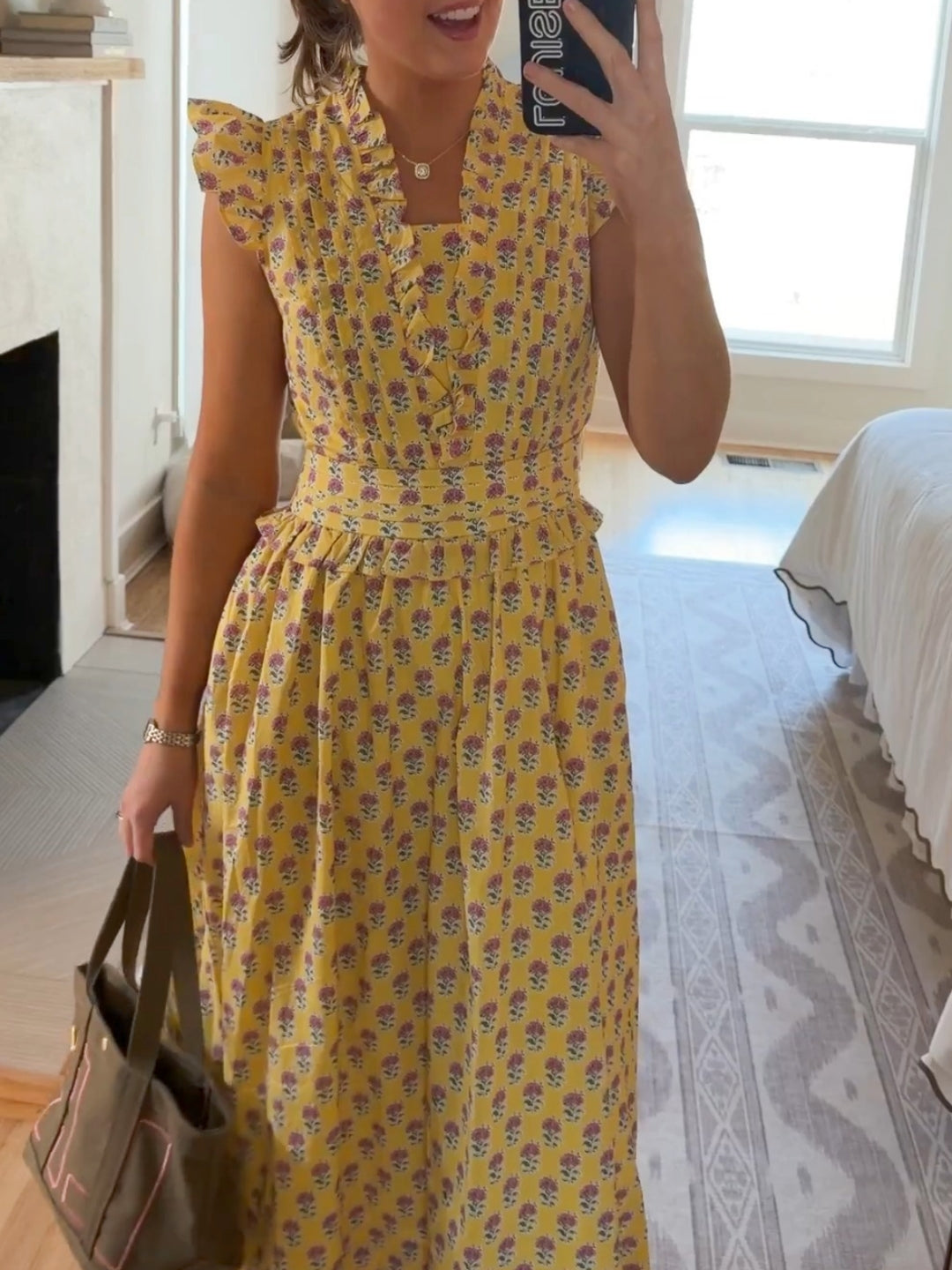 Ruffle Trim Yellow Floral Maxi Dress