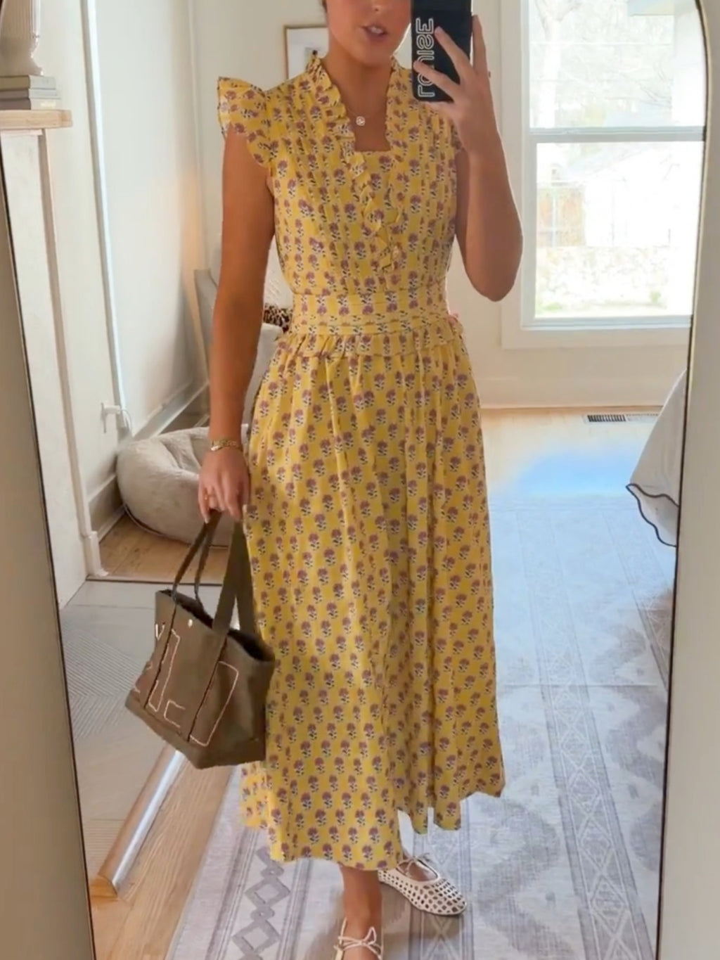 Ruffle Trim Yellow Floral Maxi Dress