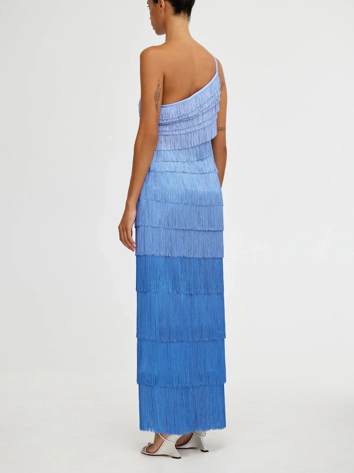 Gradient Fringe One-shoulder Maxi Dress
